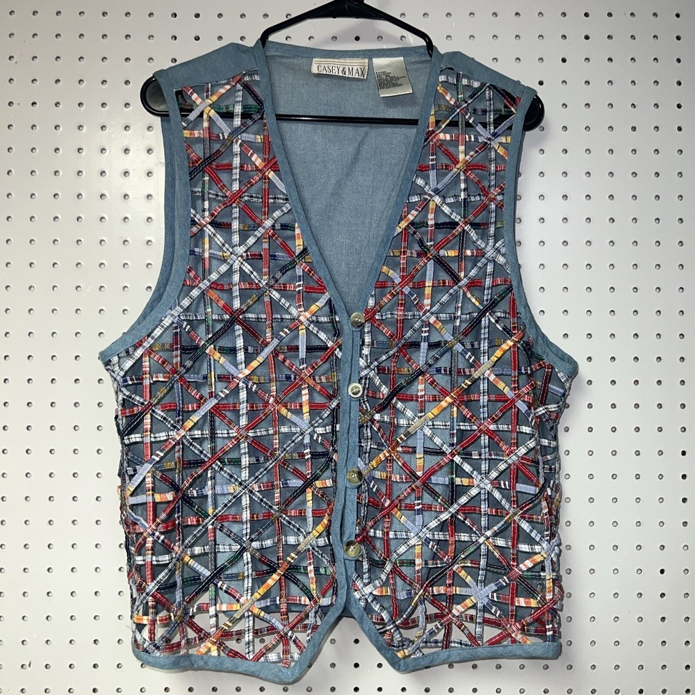 Women's Casey &‎ Max Denim Vest, XL Blue/Red, Button-Up, Cotton, Waist Back Ties